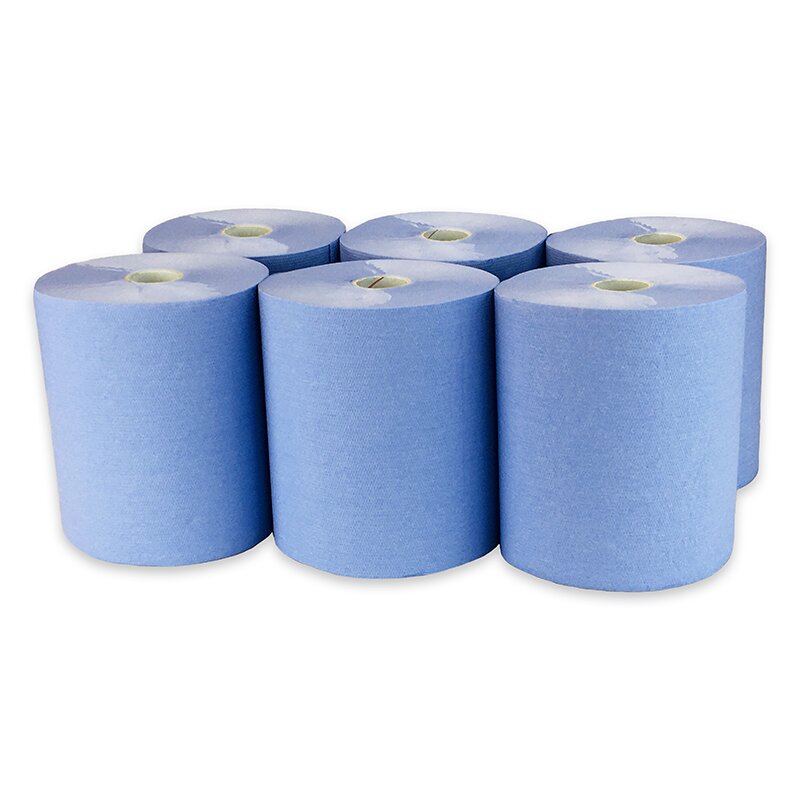 Handtuchrollen, Zellstoff, 2-lagig, blau, Außenabrollung, Kern 4 cm, ohne Abriss -  6 Rollen
